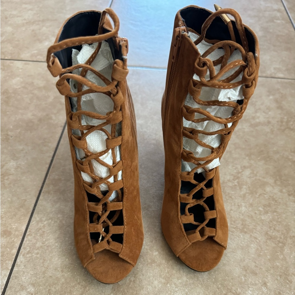 Brown suede lace up open toe booties